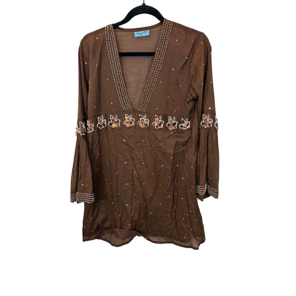 Letarte Vintage Y2K luxury Hand Beaded Brown Cotton Gauze Resort Cover Up S/M